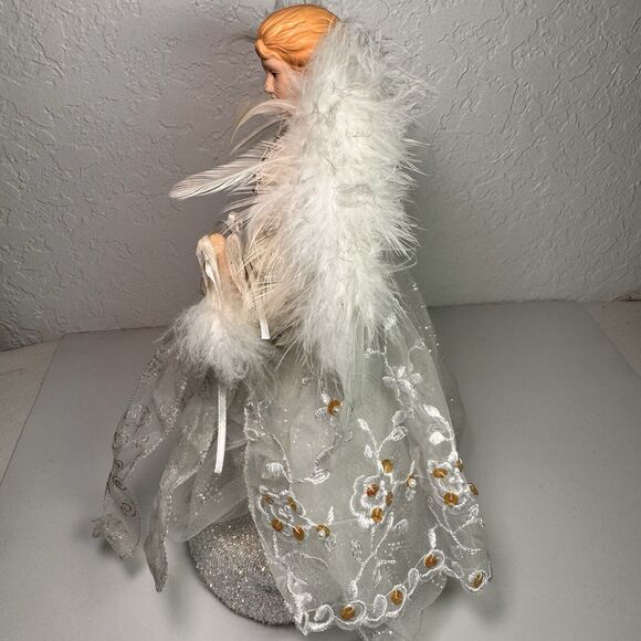 Angel Tree Topper Christmas White‎ with Beads Tulle Feathers 12 In - Picture 8 of 11